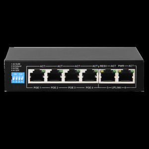 Switch PoE - 4 porte PoE + 2 Uplink RJ45 - Velocità fino a 100 Mbps su tutte le porte - Fino 30W in totale per tutte le porte - Larghezza di banda 1.2 Gbps - Norma IEEE802.3at (PoE) / af (PoE+)